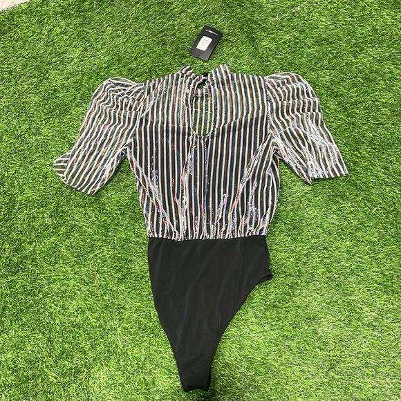 Ladies sheer mock neck bodysuit/leotard with multi colored metallic stripes. - Picture 2 of 7